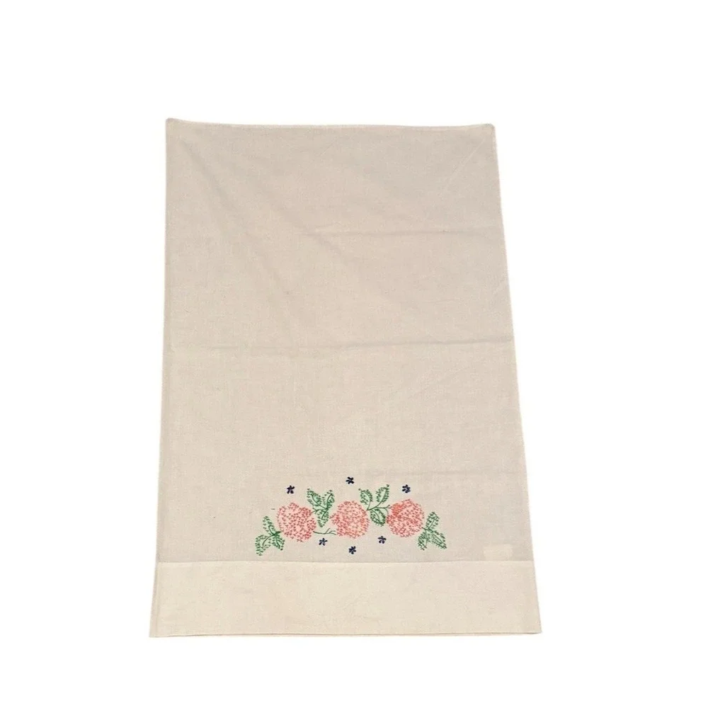 Vintage Pillowcase White Hand Embroidered Pink Floral Blue Accents Hemmed‎